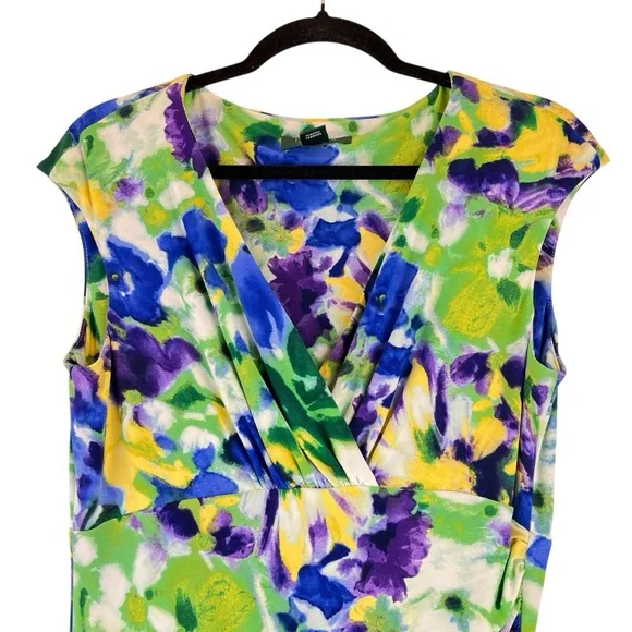 Ralph Lauren Dress Floral Watercolor Green Blue Yellow Ruching Stretch Sz 10 - Picture 4 of 9